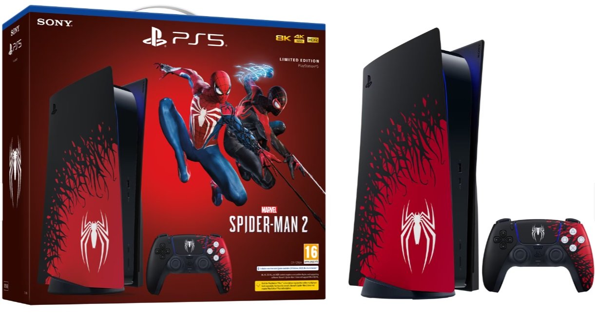 Bundle PlayStation 5 Spider-Man  2, ktorý prišiel s čierno-červeným sfarbením konzoly aj ovládaču a logom Spider-Mana