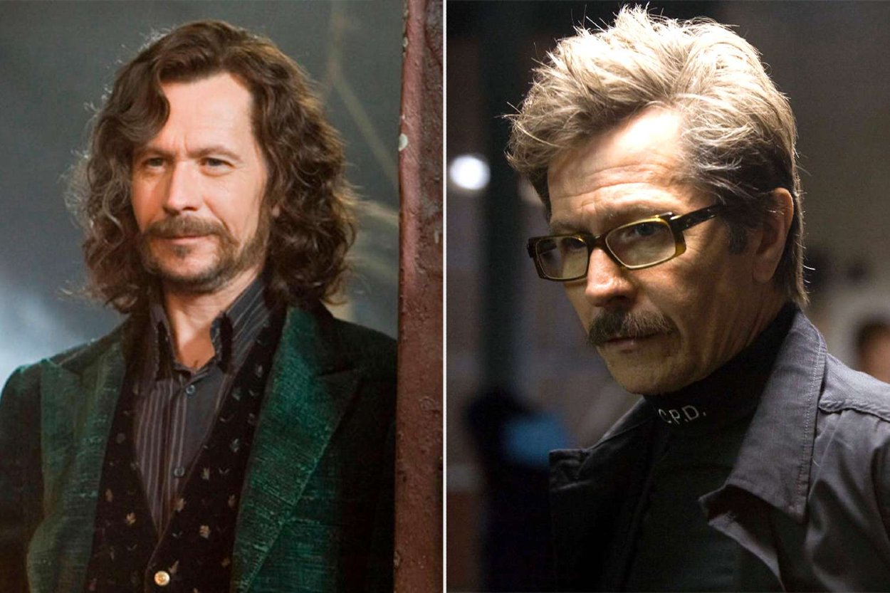 na dvojfoto vpravo Gary Oldman ako komisár Gordon vo franšíze Batman a vľavo ako Sirius Black vo filmoch Harry Potter