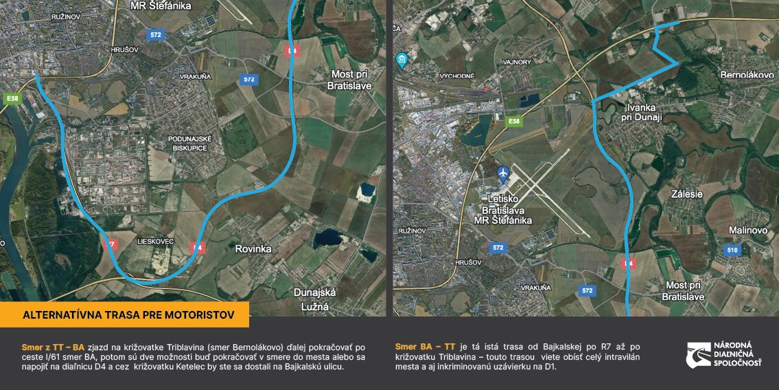 Alternatívna trasa pre motoristov obchádzajúcich úsek na križovatke D1/D4 vo výstavbe.
