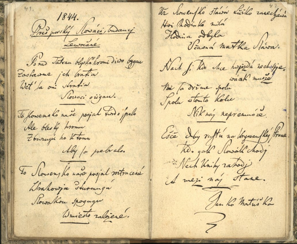 Rukopis štátnej hymny z roku 1844 Ponad Tatrou blýska.