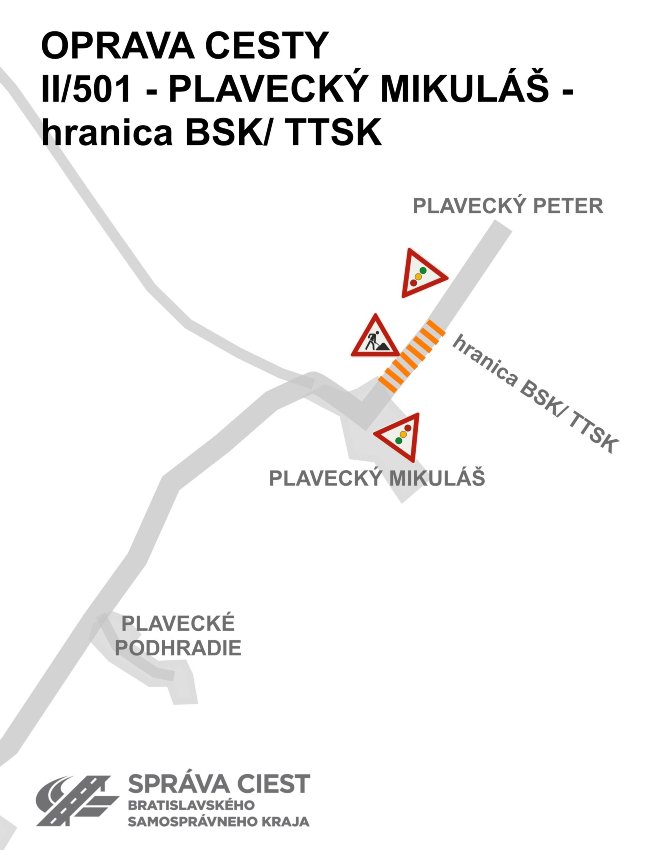 Od stredy 3. apríla 2024 bude správca župných komunikácií II. a III. triedy v Bratislavskom kraji realizovať rekonštrukčné práce na ceste II/501 v úseku Plavecký Mikuláš – hranica krajov BSK a TTSK. Počas revitalizácie bude cestná premávka vedená striedavo v jednom jazdnom pruhu. Doprava bude riadená dočasnou svetelnou signalizáciou. Čiastočná uzávierka potrvá do 1.6.2024.