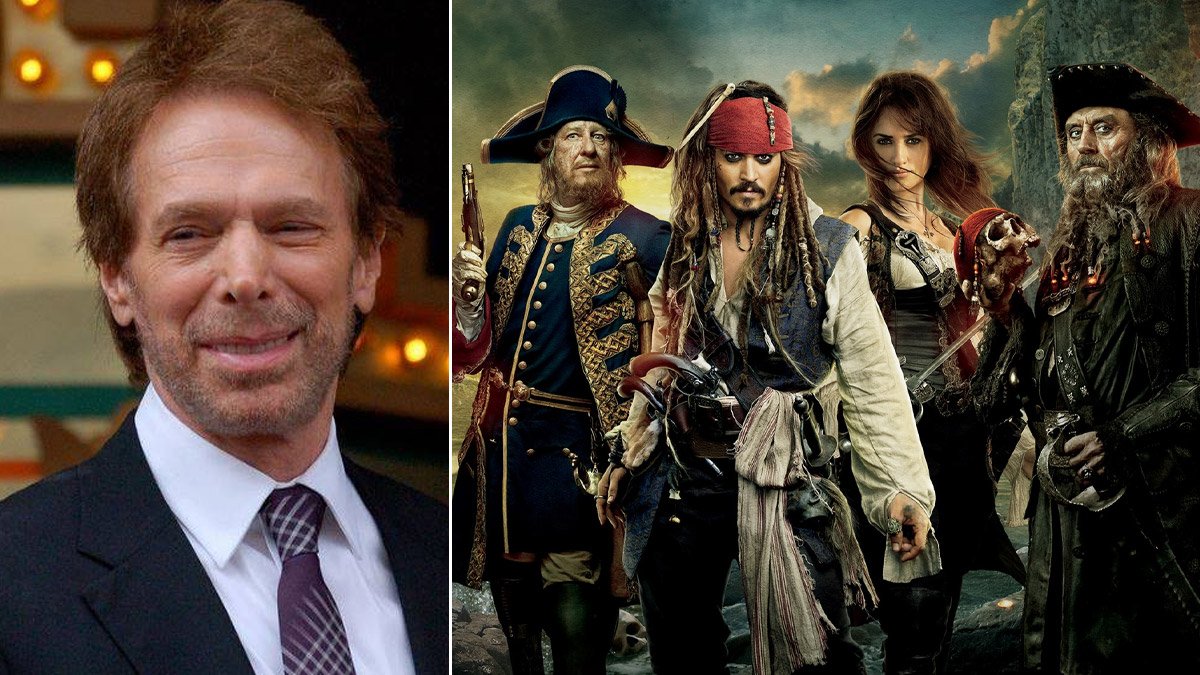 Vľavo režisér Jerry Bruckheimer a vpravo postavy z filmov Piráti Karibiku.