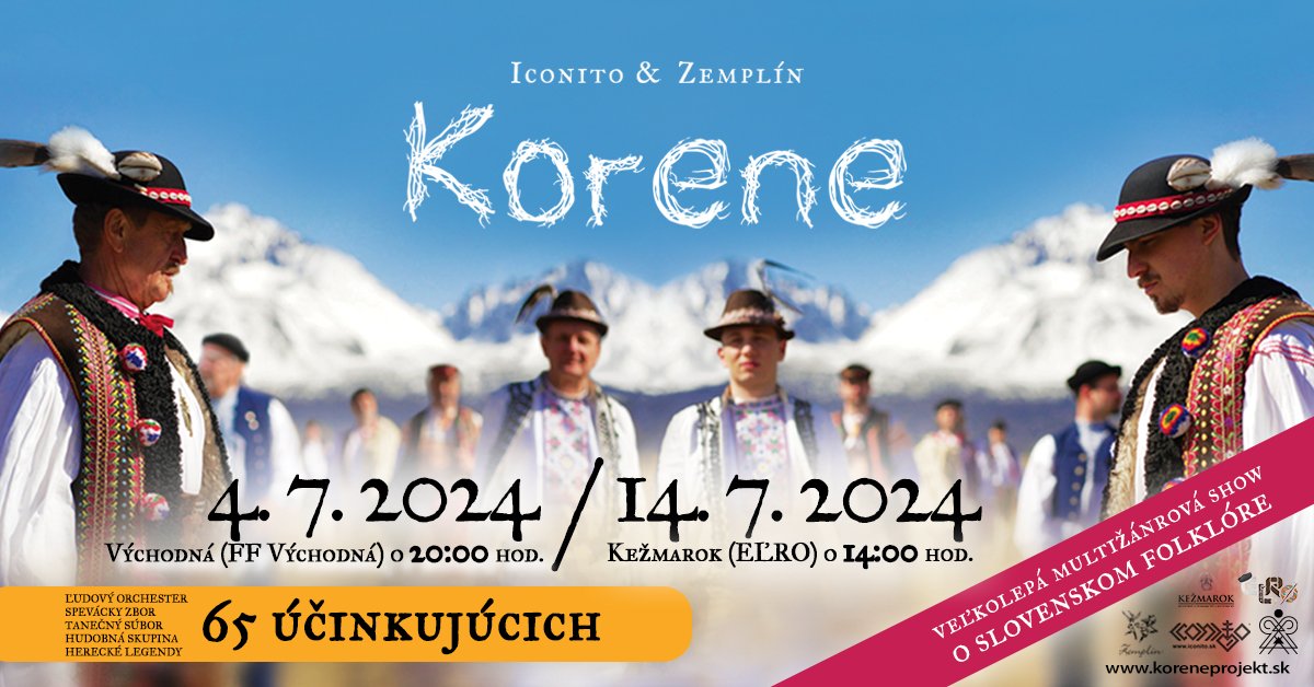 Neutíchajúci úspech projektu KORENE však pokračuje! A už 4. júla tohto roku zaznie tento hudobný projekt na najväčšom folklórnom festivale vo Východnej a 14. júla na festivale EĽRO v Kežmarku.