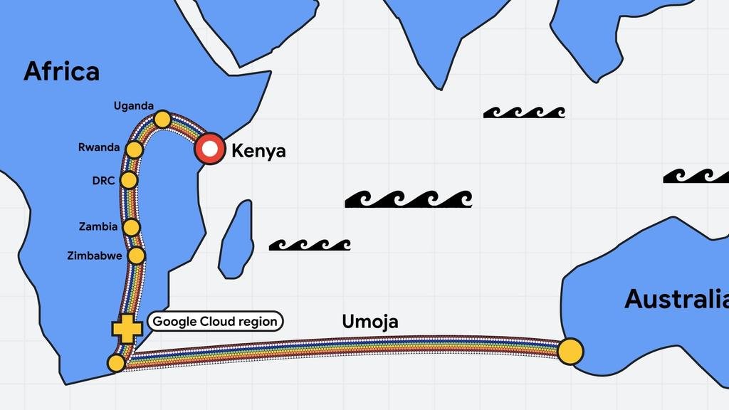 Mapa spojenia Keňe a Austrálie podmorským káblom vyvíjaným spoločnosťou Google.