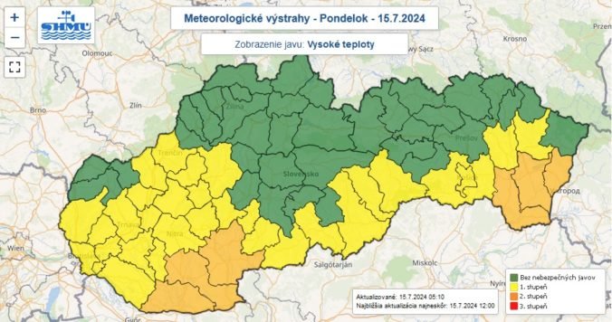 Mapa Slovenska v pondelok