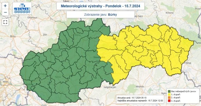 Mapa Slovenska na pondelok