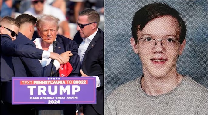 Exprezident a nominant republikánskej strany Donald Trump počas atentátu v americkom Butleri a vpravo útočník Thomas Matthew Crooks.