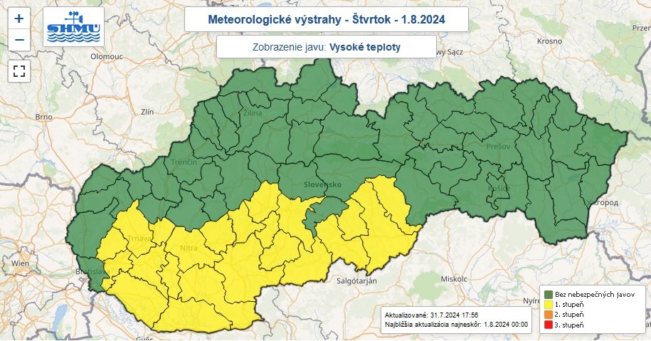 Meteorologické výstrahy na štvrtok