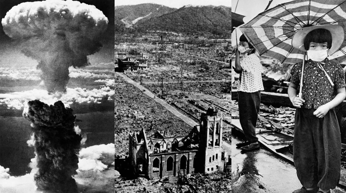 Kombinácia fotografií zobrazujúcich Hirošimu a Nagasaki po zhodení atómových bômb americkým letectvom.