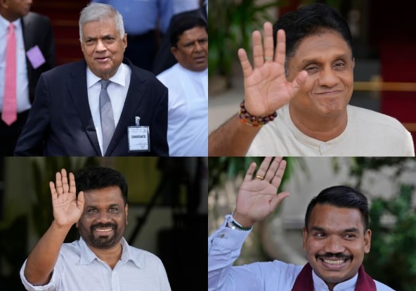 Zľava hore: srílanský prezident Ranil Wickremesinghe, Sajith Premadasa, Namal Rajapaksa a Anura Kumara Dissanayake