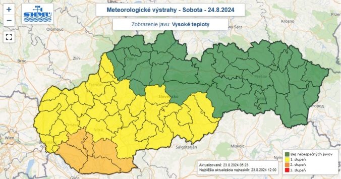 Výstrahy prvého a druhého stupňa pred vysokými teplotami vydané na sobotu 24. augusta 2024