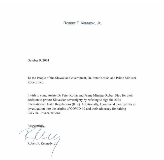 List Roberta F. Kennedyho premiérovi Robertovi Ficovi a Dr. Petrovi Kotlárovi kvôli odmietnutiu podpísania IHR (Medzinárodné zdravotné predpisy ) 2024.