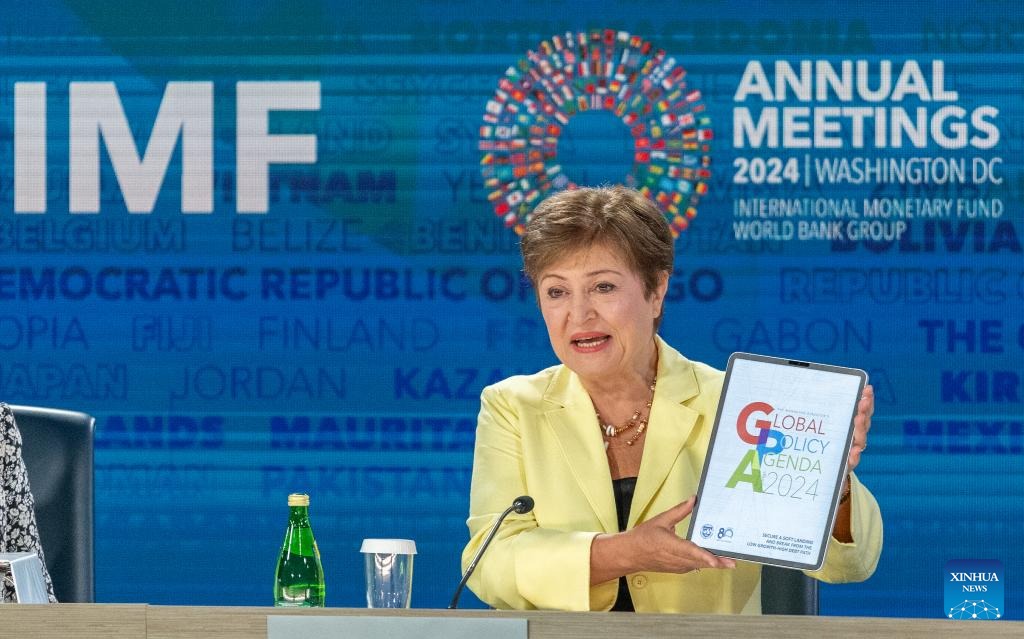 Výkonná riaditeľka Medzinárodného menového fondu (MMF) Kristalina Georgievová reční na tlačovej konferencii vo Washingtone, D.C., Spojené štáty americké, 24. októbra 2024.