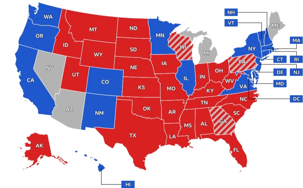 Donald Trump – republikáni (červená farba), Kamala Harrisová – demokrati (modrá farba)
