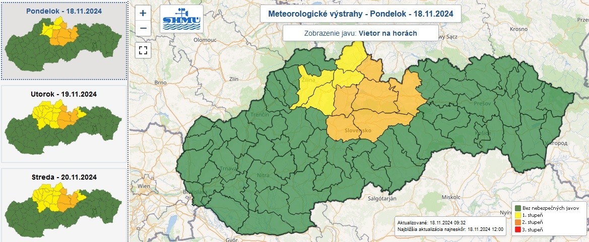 Výstrahy prvého aj druhého stupňa pred silným vetrom na horách vydané na pondelok a ďalšie dni