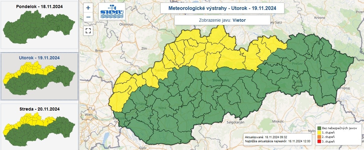 Výstraha prvého stupňa pred vetrom vydaná na utorok a stredu