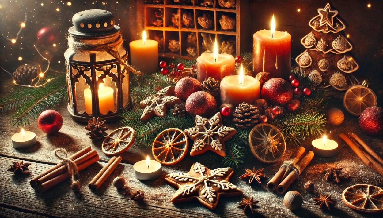 adventný veniec s čečinou a jemnými vianočnými ozdobami, symbolizujúci začiatok adventu a očakávanie príchodu Vianoc.