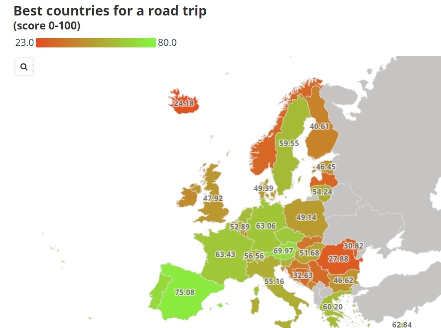 Krajiny zoradené podľa: kvalita ciest, priemerná rýchlosť, cena pohonných hmôt, bezpečnosť na cestách, počet pamiatok UNESCO, národných parkov a atrakcií