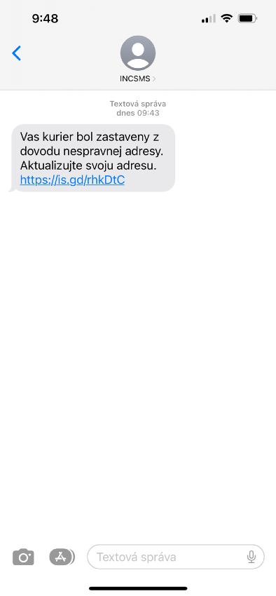 príklad podvodnej textovej správy