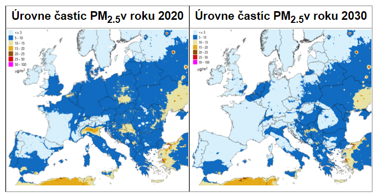 Porovnanie hustoty častíc PM 2.5 v roku 2020 s odhadom v roku 2030.