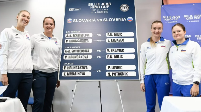 Zľava Slovenky Tereza Mihalíková a Viktória Hrunčáková a Slovinky Nina Potočniková a Pia Lovričová.