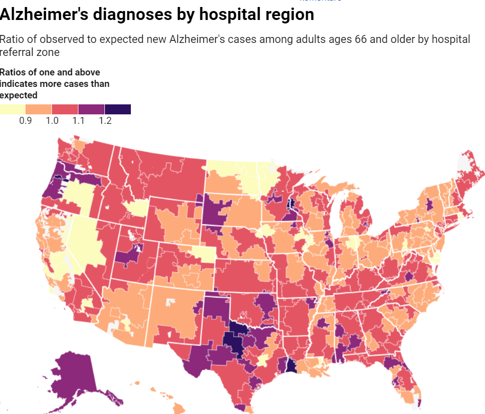 Mapa hospitalizácií kvôli Alzheimeru v USA