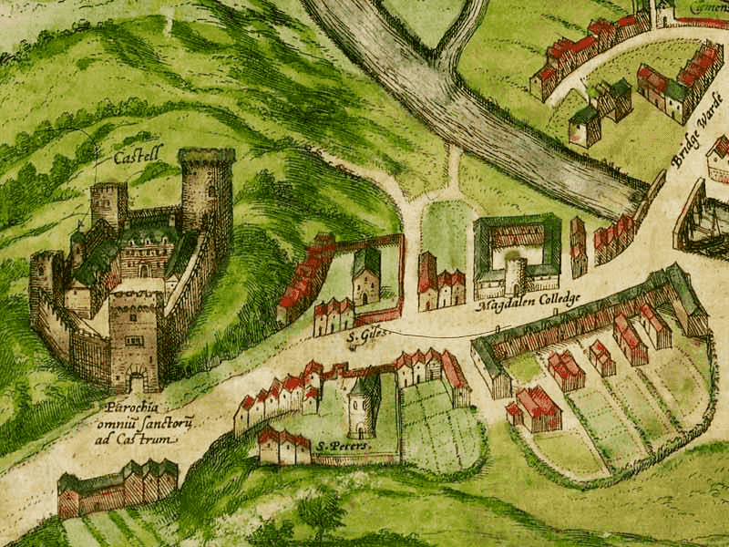 Rytina z roku 1575 zobrazujúca lokalitu Duroliponte medzi hradom Cambridge a mostom.