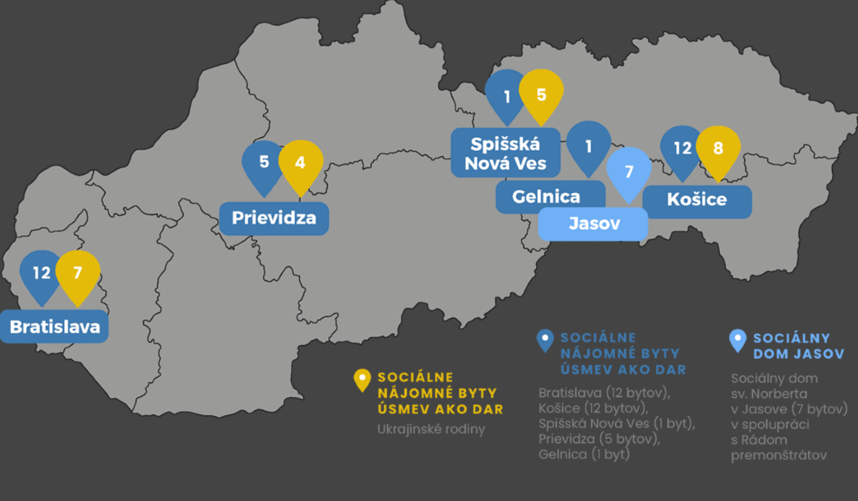 Mapa sociálnych nájomných bytov organizácie Úsmev ako dar