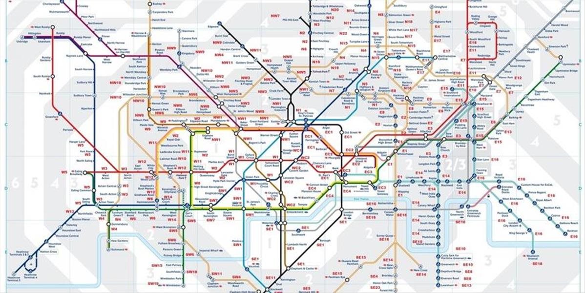 Mapa londýnskeho metra s poštovými smerovacími číslami