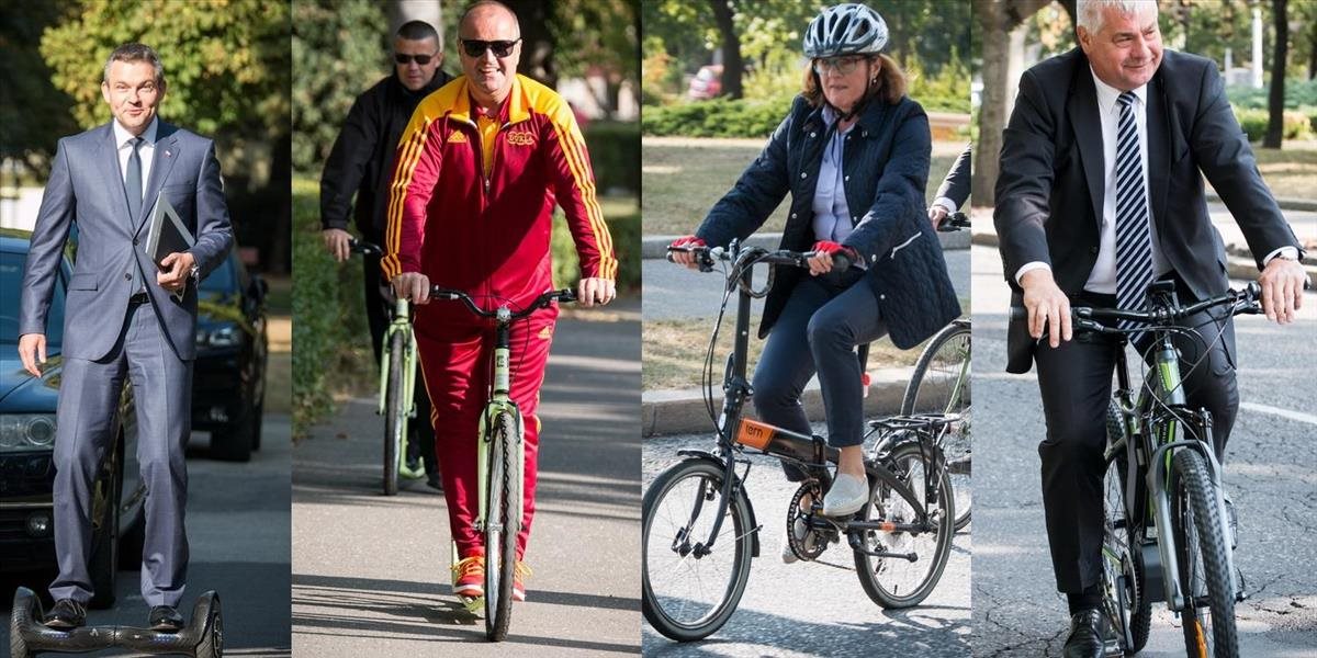 FOTO Ministri odložili limuzíny: Matečná s Érsekom prišli a na bicykli, Pellegrini na hoverboarde a Gajdoš v džogingu na kolobežke