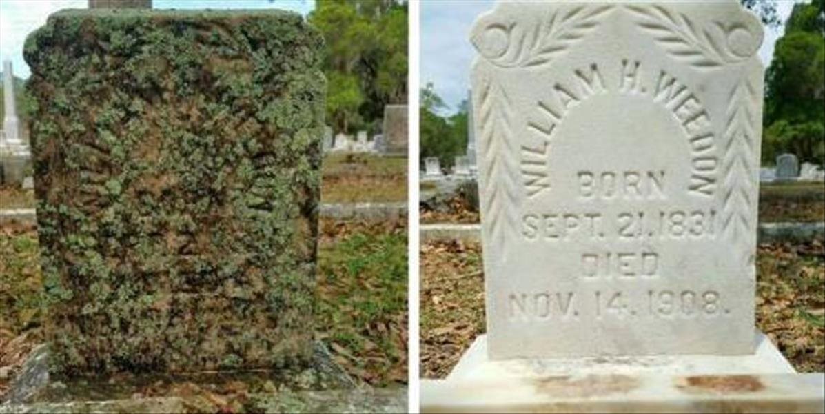 Muž čistí zabudnuté náhrobné kamene veteránov