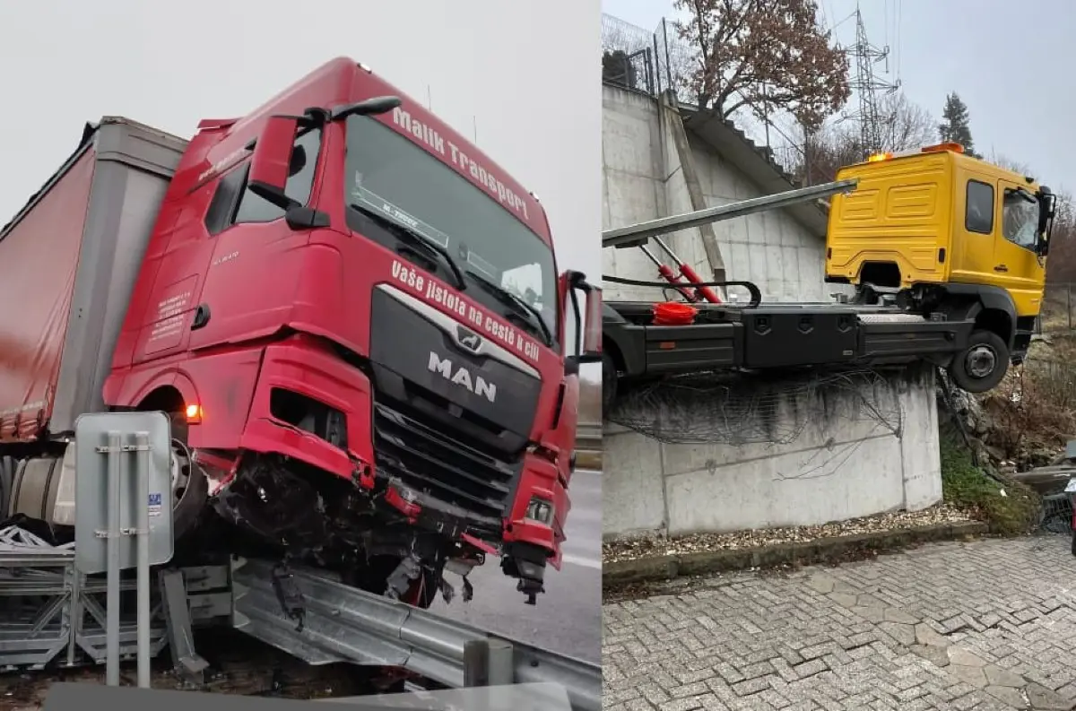 Dopravné nehody na D1 a v Bratislave: Kamión na zvodidlách a nákladiak na betónovom plote